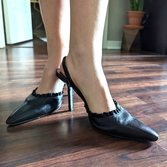 Yves Saint Laurent Shoes - Rare Parisian Yves Saint Laurent Vintage Leather Ruffled Heels 1990 YSL